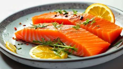 two pieces of salmon on a plate with lemon slices and herbs