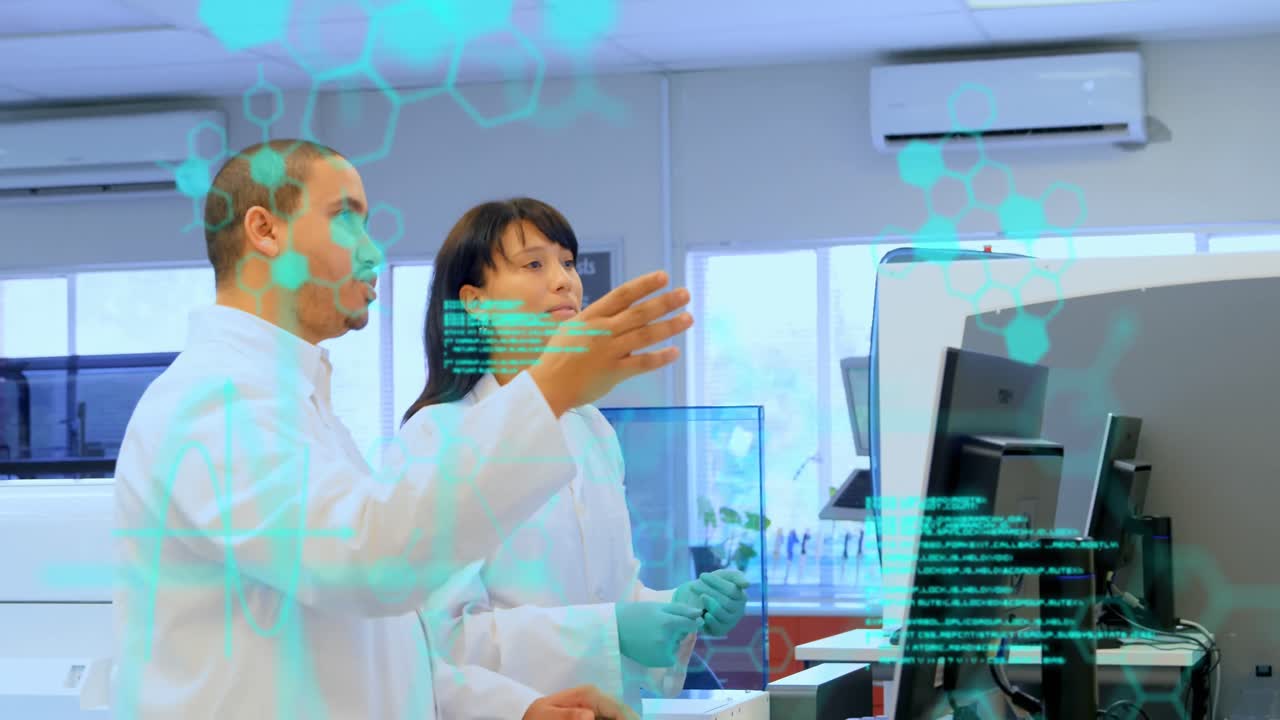 animación de la codificación y la estructura de las moléculas en diversos científicos que discuten por computadora