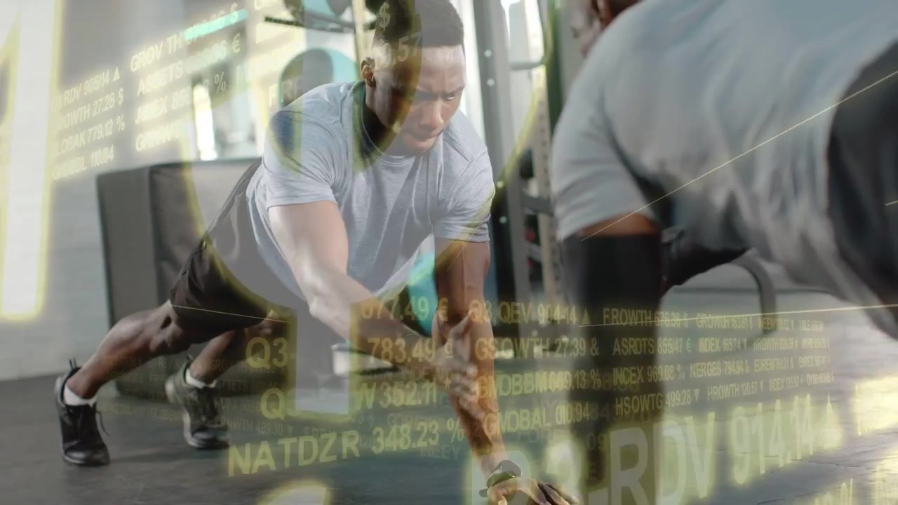 Vertical video: Doing partner pushups blue shirt man on coach cue, trading taps at gym, ticker