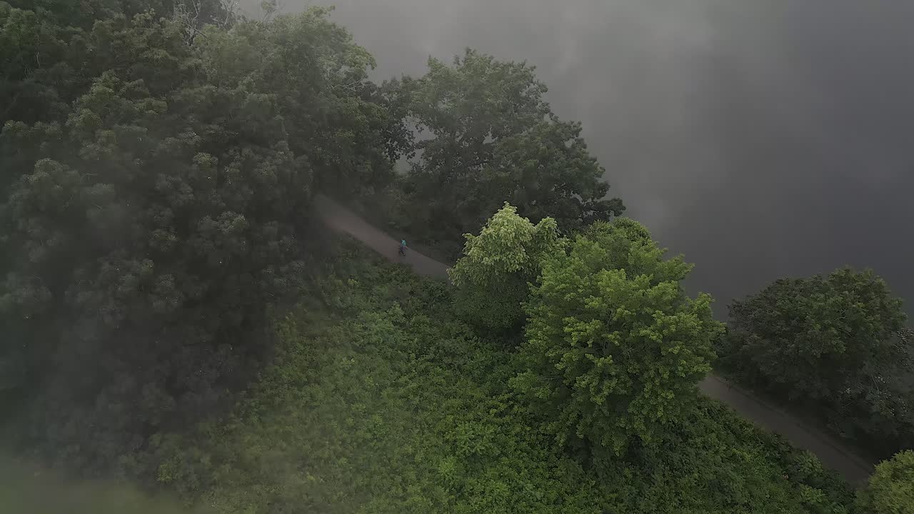 오버헤드 뷰: 사람들이 숲 속의 안개 호수  ⁇ 의  ⁇ 은 차선에서  ⁇ 고 있습니다.