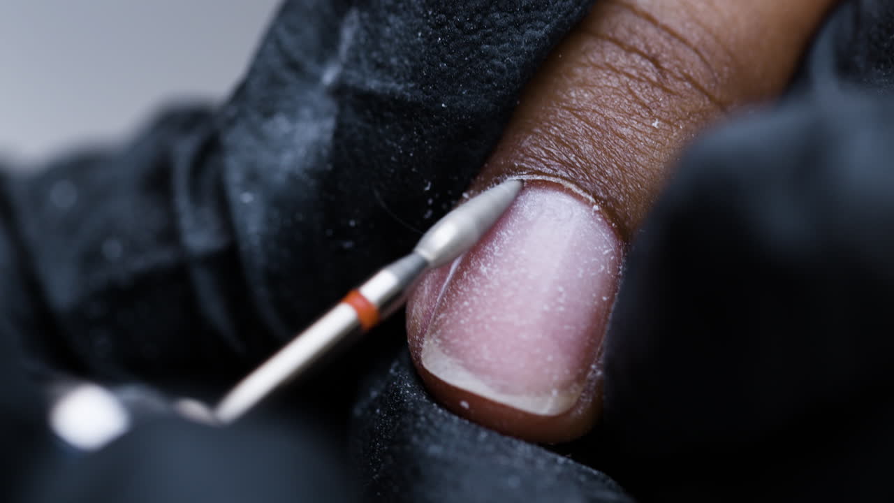 Close-up of a nail technician filing a fingernail