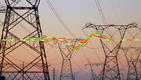 animación del procesamiento de datos a través de torres de red contra el cielo al atardecer