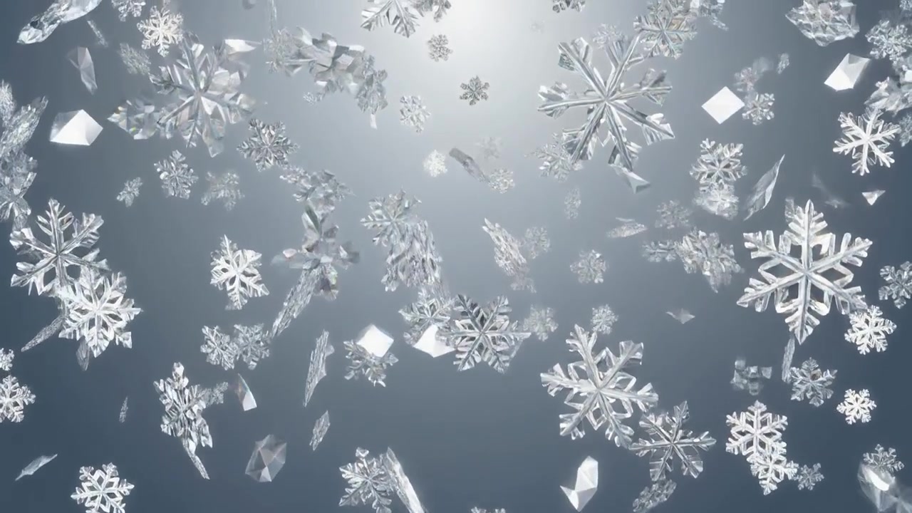 Copos de nieve de cristal 3D cayendo sobre un fondo gris