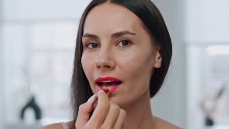 pov lady lips makeup preparing at bath. portrait smiling woman applying lipstick