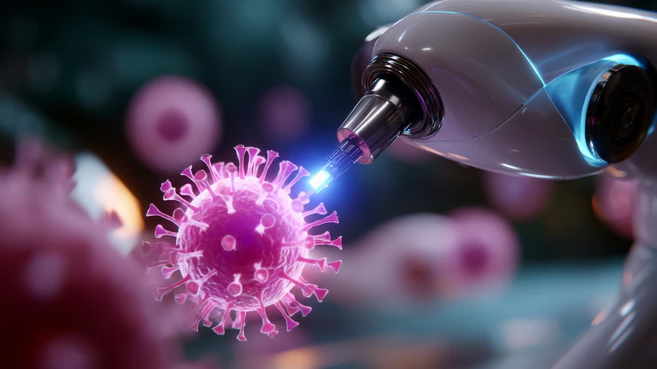 Advanced robotic technology engages with a virus, showcasing innovative scientific methods to combat pathogens and enhance our understanding of cellular interactions in the modern biotechnological landscape