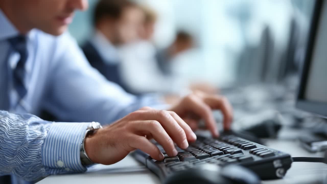 Focused Professional Typing at Workstation: Capture of a Dedicated Individual's Hands Typing on a Keyboard with Colleagues in the Background Engaged in Their Tasks
