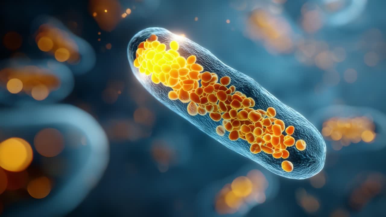 Questa accattivante sequenza evidenzia un organismo batterico, concentrandosi sulla sua struttura distintiva e sui vibranti granuli arancioni che rappresentano processi cellulari vitali.