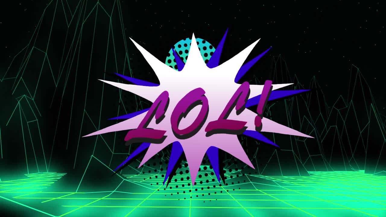 검은색 배경에 디지털 산 위에 lol 텍스트의 애니메이션