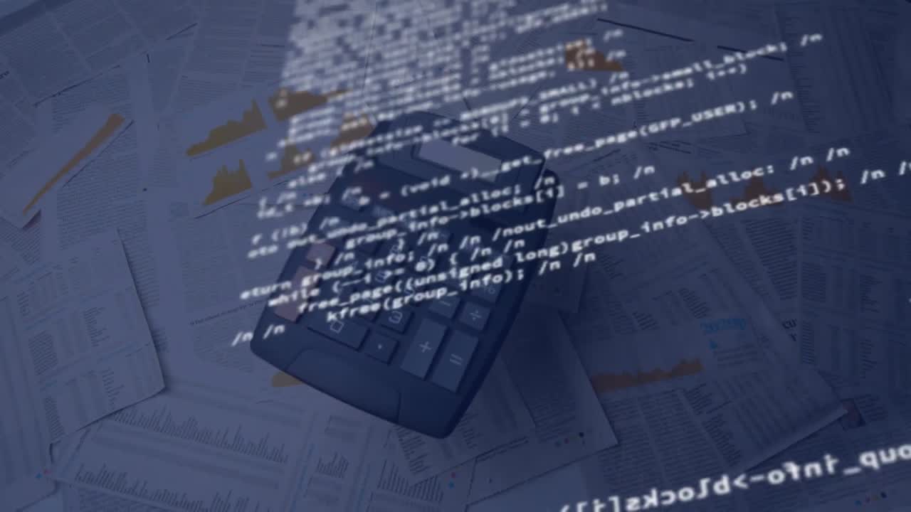 animazione dell'elaborazione dei dati su calcolatrice e documenti.