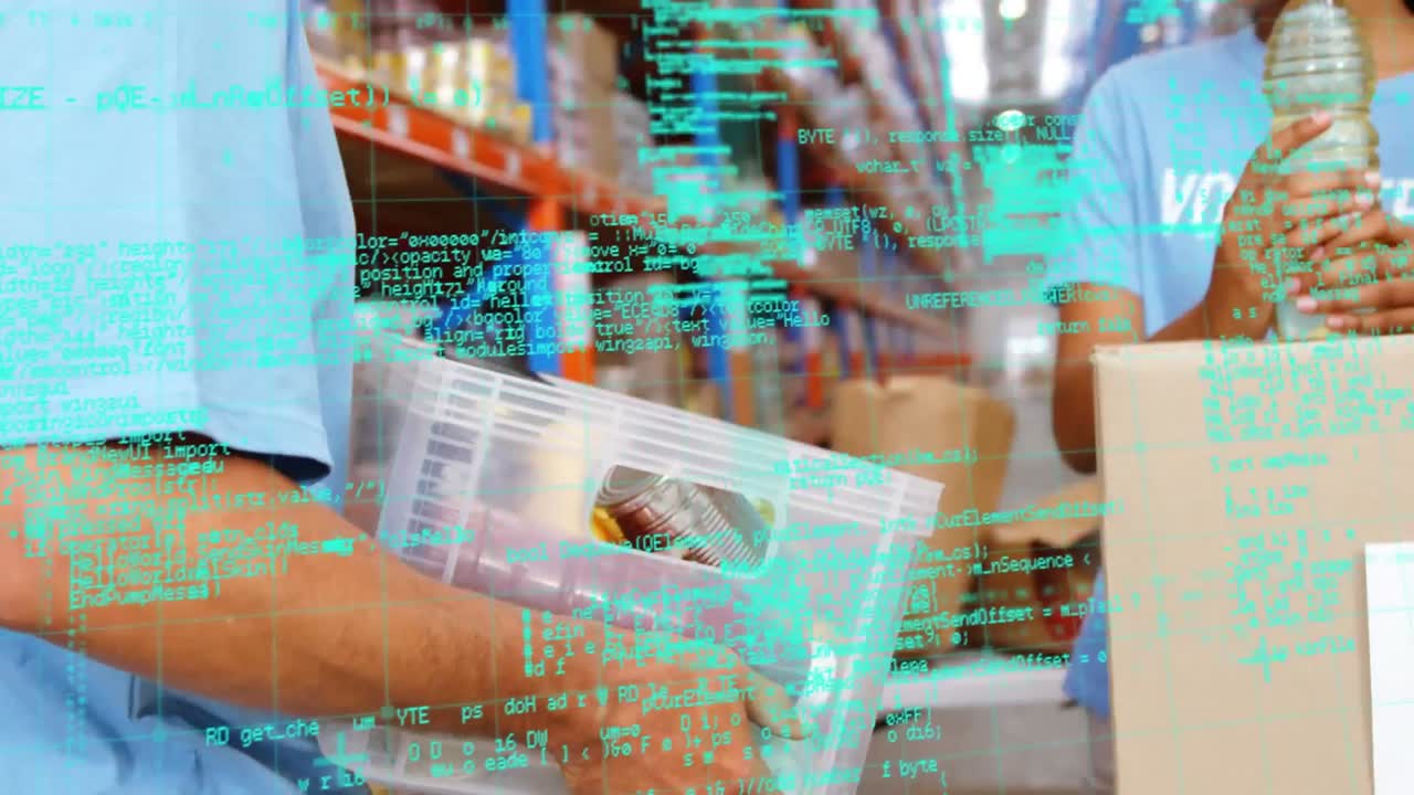 창고에서 일하는 다양한 사람들에 대한 데이터 처리의 애니메이션