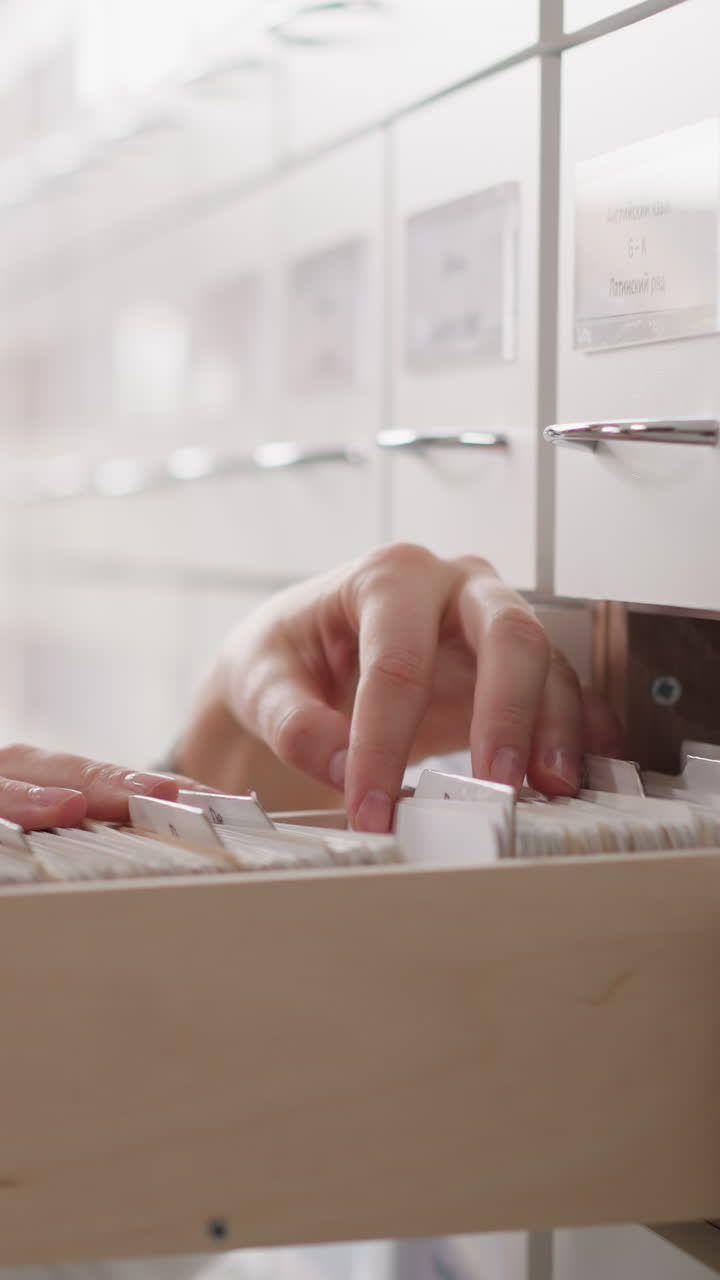 el bibliotecario ayuda al hombre a localizar los datos en el índice de tarjetas. la mujer asume el papel de instruir al hombre sobre la navegación de la información del archivo desde el cajón. búsqueda de datos