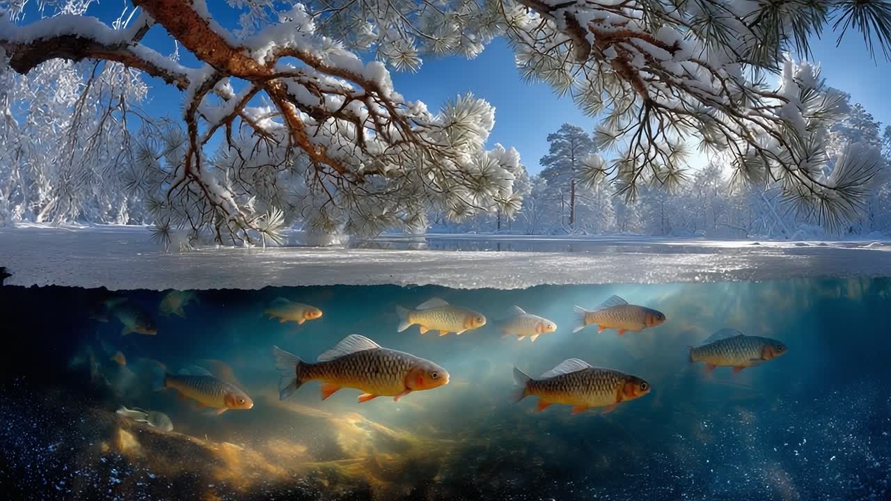 A Tranquil Winter Scene Featuring a Snow-Covered Landscape Above and a Vibrant Underwater World with Fish Swimming Below the Ice-Capped Surface