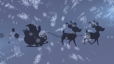 Animation-Des-Weihnachtsmanns-Im-Schlitten-Mit-Rentieren,-Der-Sich-über-Fallenden-Schnee-Bewegt