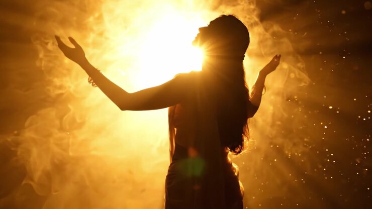 A radiant figure stands illuminated against a backdrop of brilliant golden light, embodying grace and mystique as ethereal rays cascade around her in a captivating display of beauty.