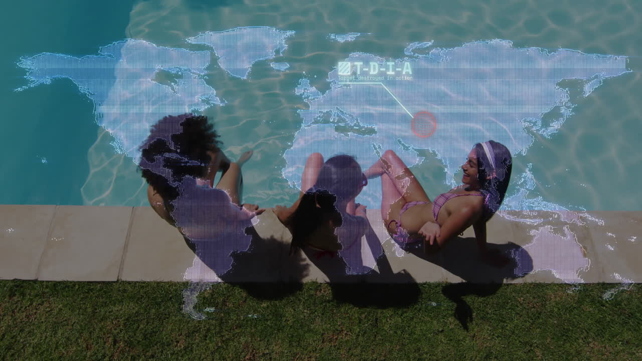 Three women relaxing by pool with world map animation overlay