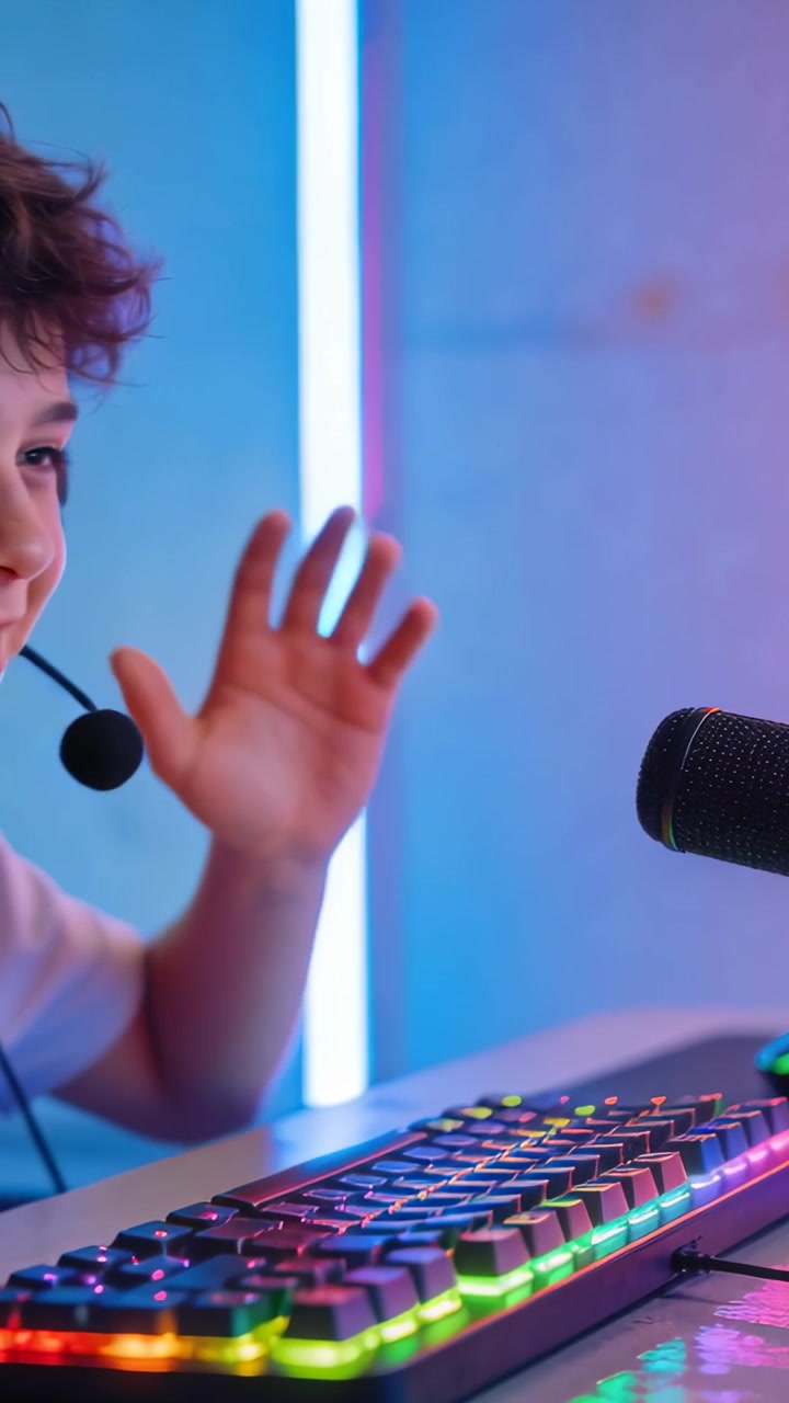 Video verticale: Streamer in maglietta che reagisce alla chat, parlando al microfono al PC per coinvolgere i fan, con spazio per il testo.