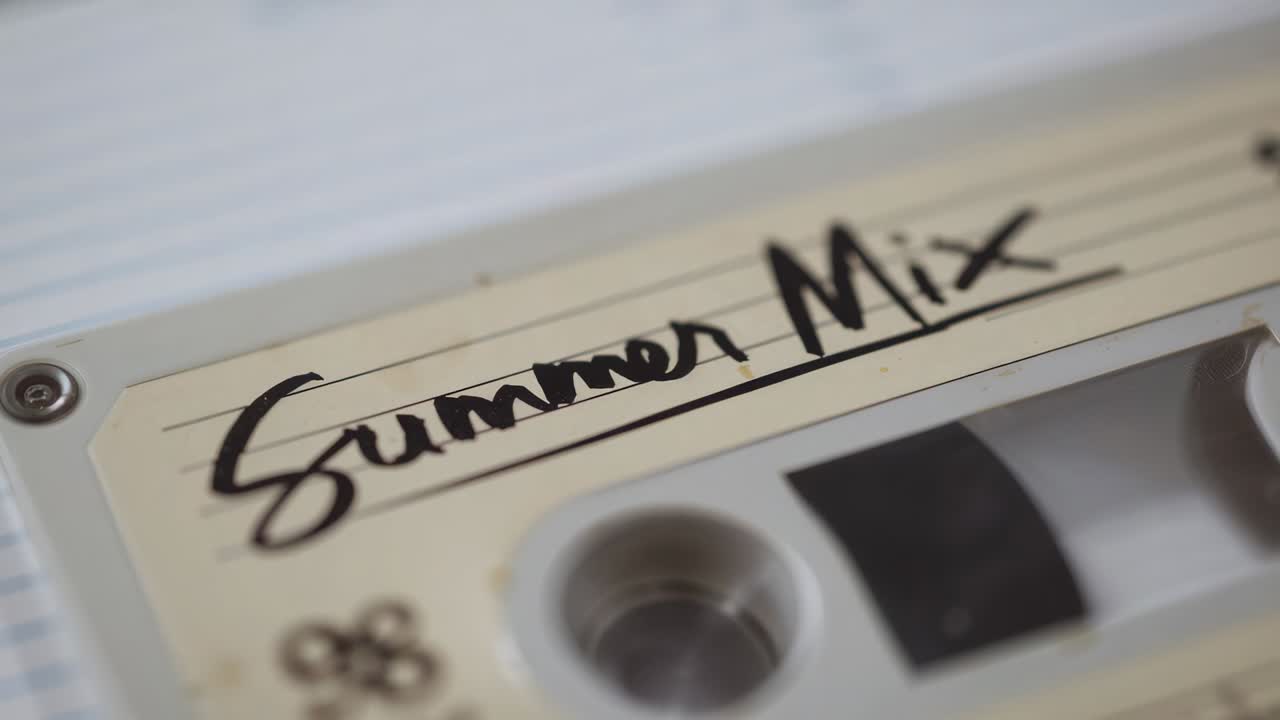 Tightening camera focusing on cassette on notebook, revealing Summer Mix label and tape spools