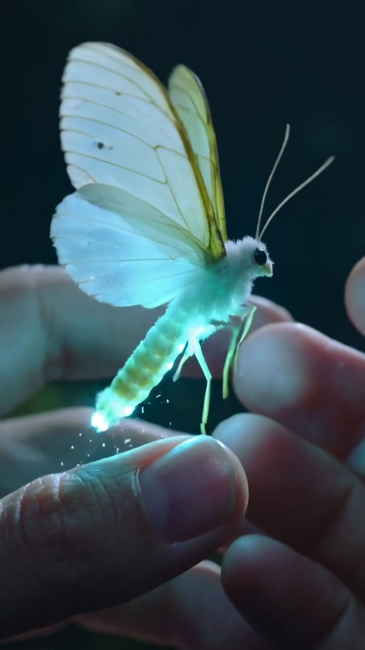 Vertical video: Hands loosening grip in dark nature, glowing moth opening wings, allowing flight