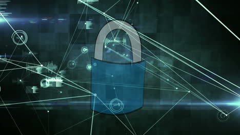Digital animation of network of connections over security padlock icon on green background