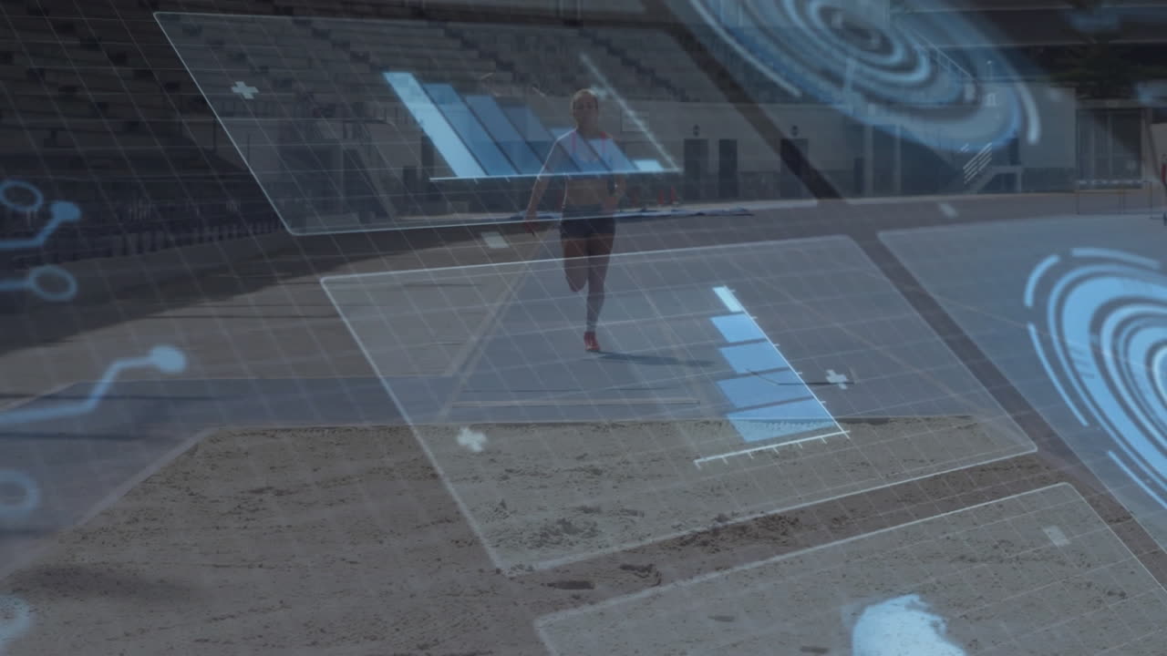 female athlete sprinting on track in sports technology demo, displaying AR metrics charts