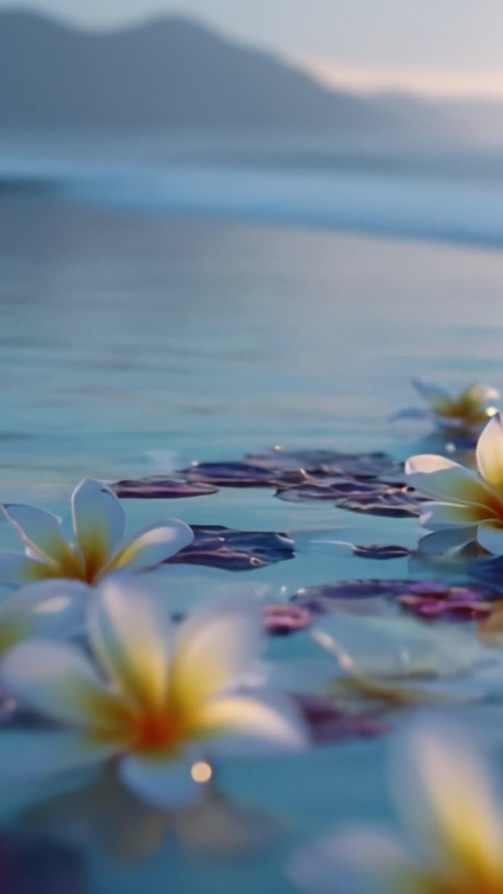 A Serene Reflection of Plumeria Flowers Floating on Calm Waters with Gentle Waves and a Distant Mountain Landscape in the Background
