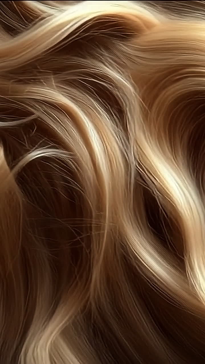 Golden hair adds texture. Luxurious golden hair cascades in soft waves, showcasing rich texture and movement under gentle lighting.