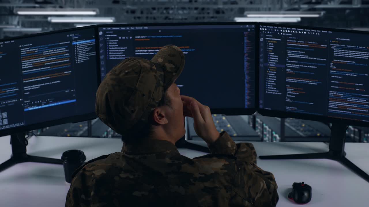 Back View Of Tired Asian Military Yawning While Write Code With Multiple Computer Screens In Data Center