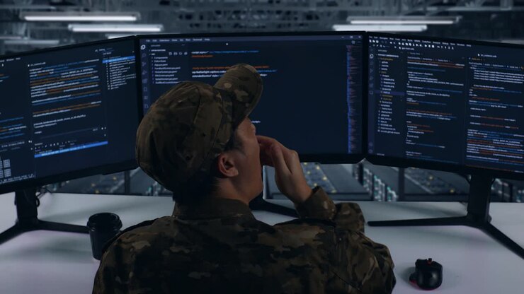 Back View Of Tired Asian Military Yawning While Write Code With Multiple Computer Screens In Data Center