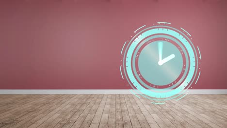 Animation-of-clock-moving-fast-with-copy-space-on-red-and-wooden-background