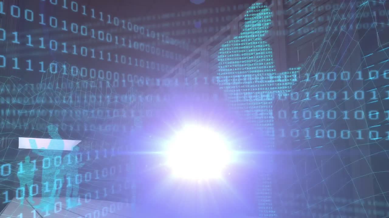 Animation of moving light spot and binary code over digital man on dark background