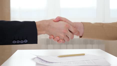 manager and client shake hands above contract in office