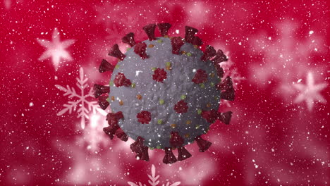 animation of covid 19 cell moving over winter scenery with snow falling on red background