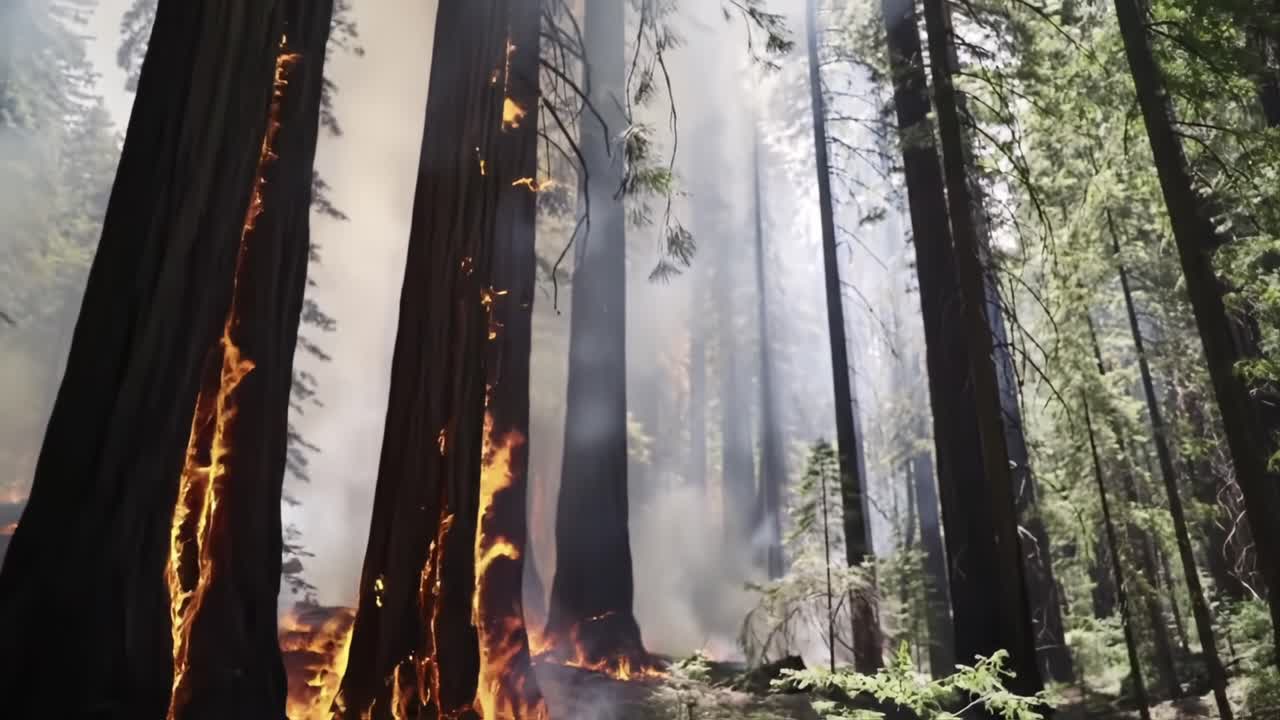 A Dramatic Forest Scene Capturing the Intense Transformation as Flames Engulf Majestic Redwood Trees, Highlighting the Fragility of Nature and the Power of Fire