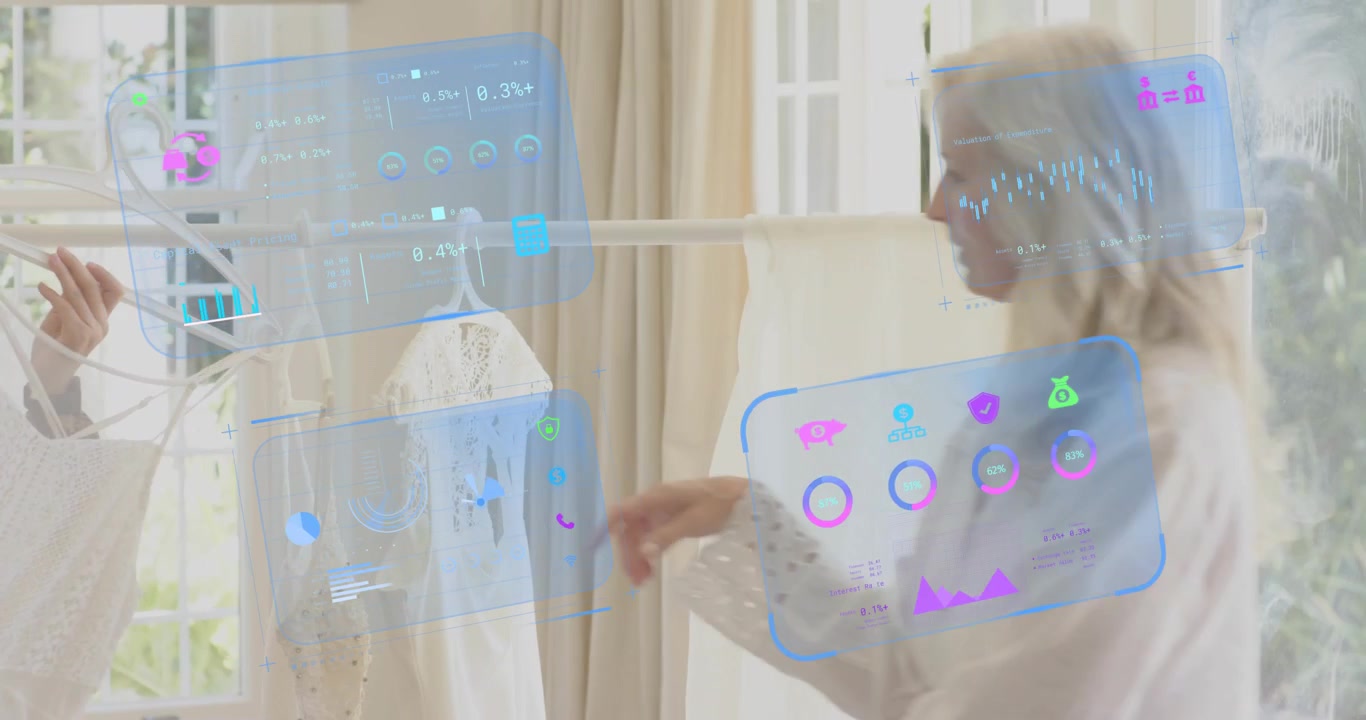 Fashion designer swiping UI panels for garment stats, inspecting lace dress with senior consultant