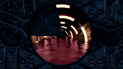 stone gate opens panoramic view to the alien landscape scene. 3d abstract background of sci-fi corridor. futuristic technology vj for tech titles and background.