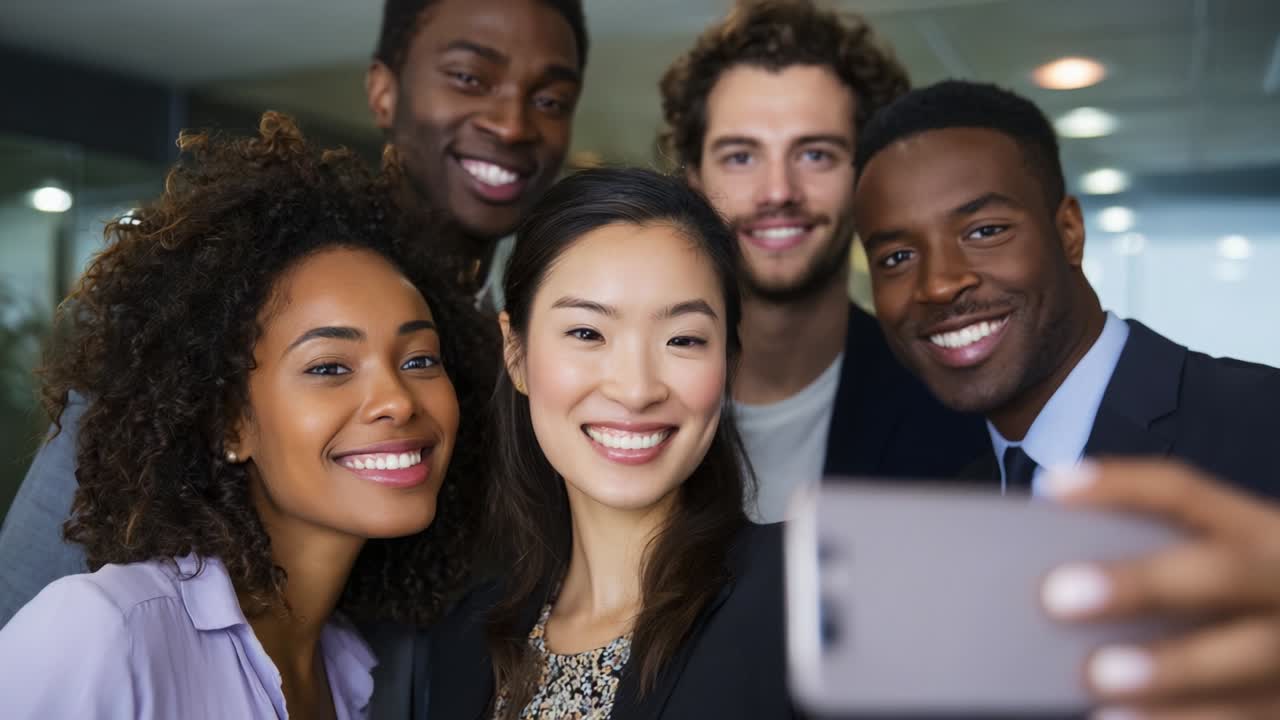 A group of diverse professionals joyfully capturing a selfie in an office setting, showcasing camaraderie and teamwork, with smiles highlighting the positivity and connection among colleagues