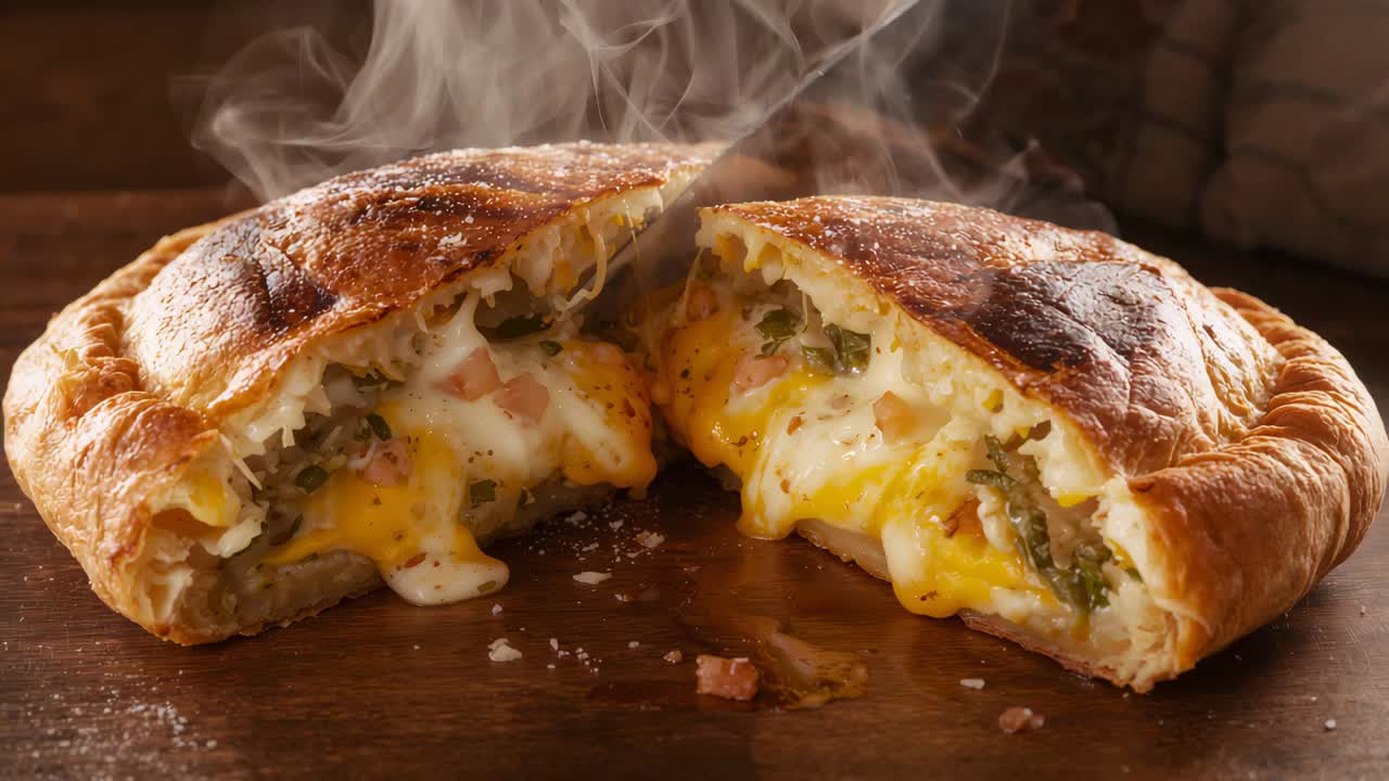 Cutting calzone on wood board, chef's knife pressing slit, steam rising revealing cheese, yolk, ham