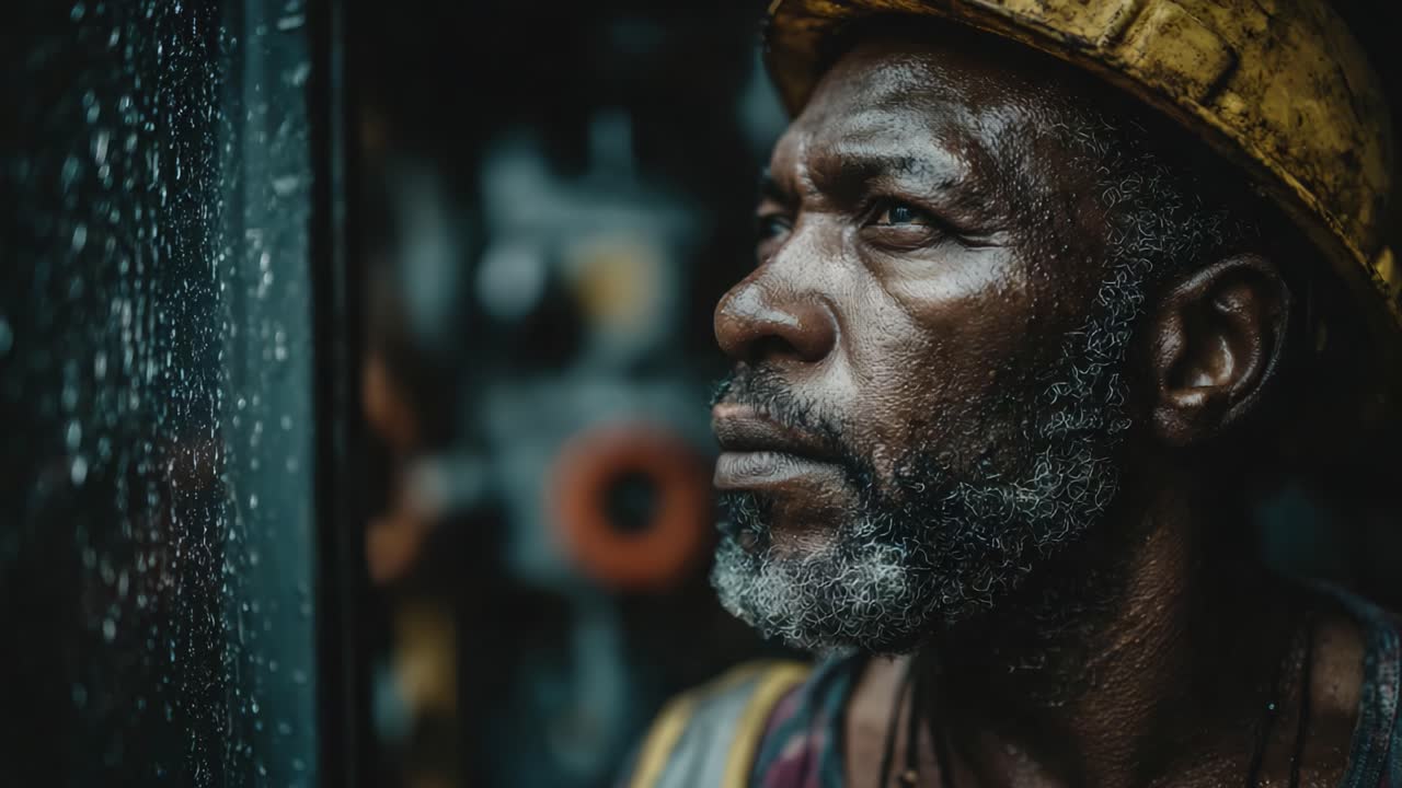 A contemplative man gazes out through rain-splattered glass, reflecting on life, resilience, and the world around him, embodying strength and introspection in his expression