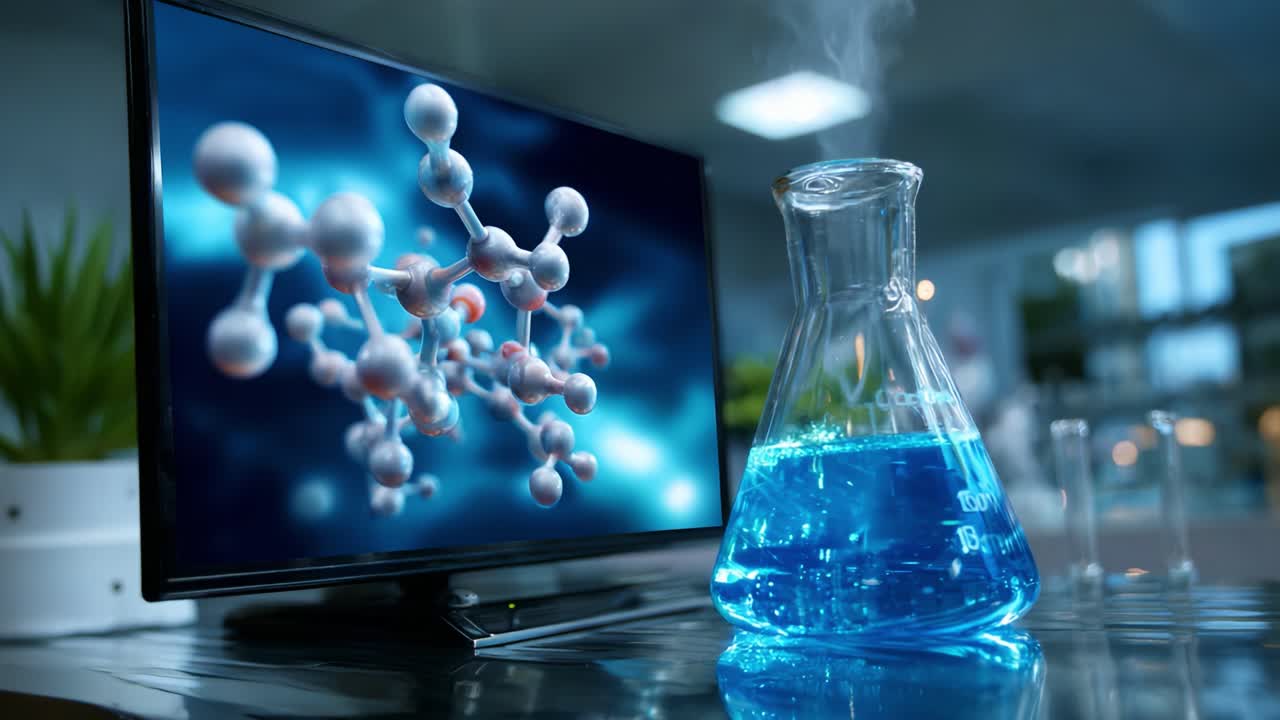 A Fascinating Glimpse into the World of Chemistry: Blue Liquid in a Flask Symbolizing Scientific Discovery, Set Against a Digital Screen Showcasing Molecular Structures and Concepts of Chemical Interactions