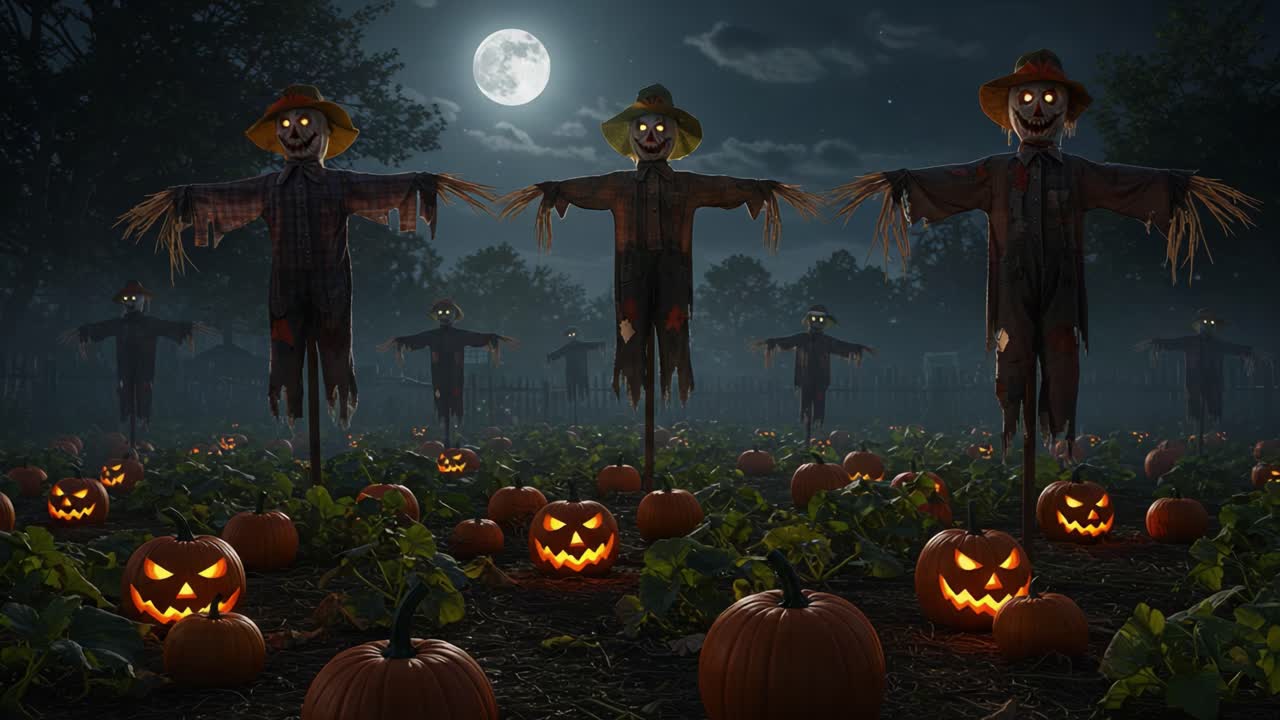 A Creepy Halloween Night: Eerie Scarecrows Guarding a Pumpkin Patch Under a Bright Full Moon, Creating a Spooky Atmosphere Filled with Shadows and Shadows