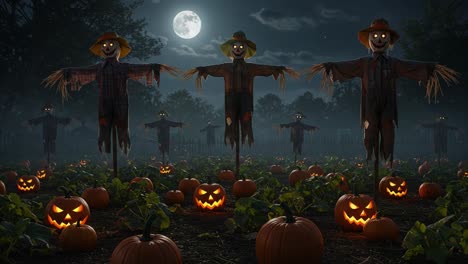 a creepy halloween night: eerie scarecrows guarding a pumpkin patch under a bright full moon, creating a spooky atmosphere filled with shadows and shadows