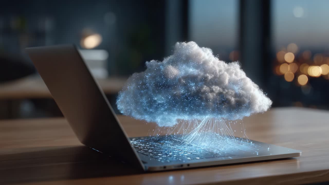 A captivating scene of a laptop displaying a digital cloud, representing modern technology and the concept of cloud computing with a futuristic ambiance