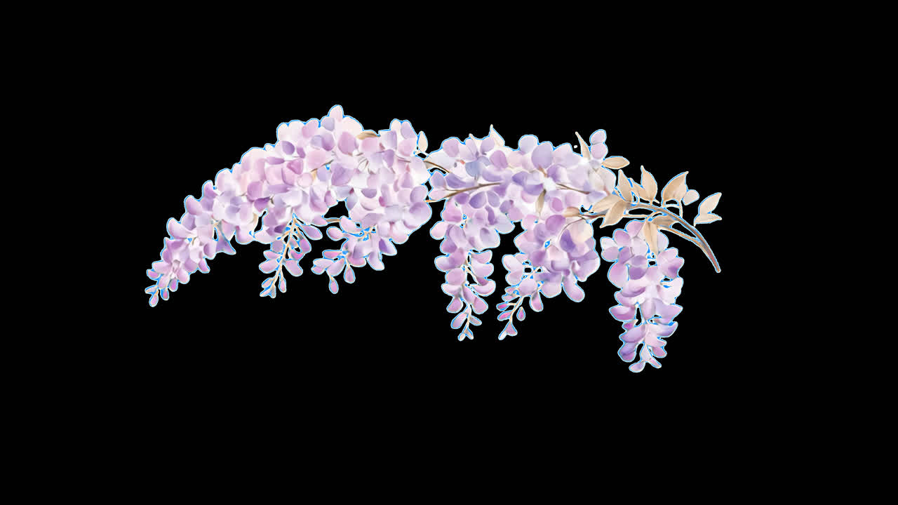 Elegant pastel wisteria illustration animation isolated asset, transparent 4K video, alpha channel