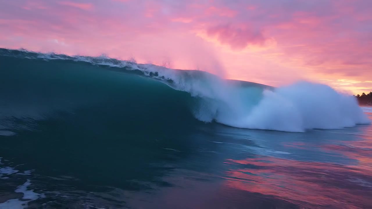 Onda gigante do oceano quebrando durante um pôr do sol rosa vibrante