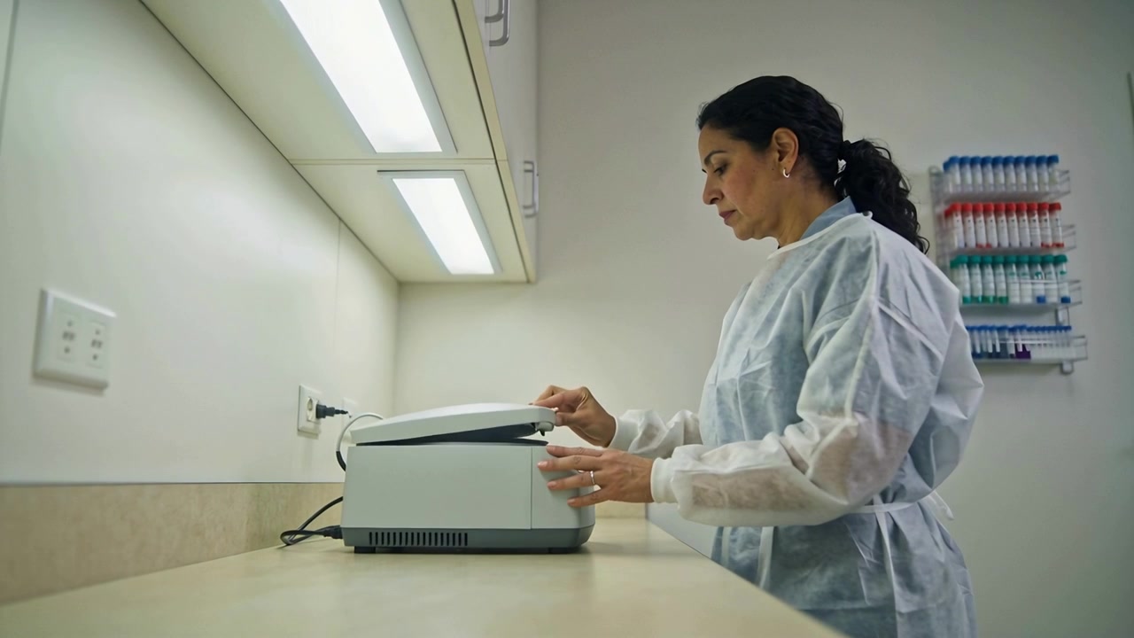 Tecnico in camice si sporge per posizionare una fiala, stabilizzandola, abbassando e chiudendo la centrifuga per i test, spazio per il testo