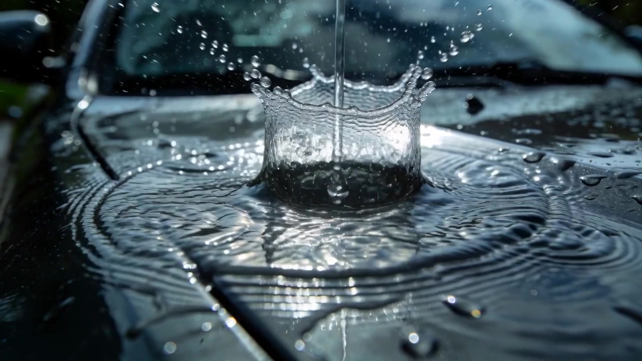 Un getto d'acqua che cade colpisce il cofano di un'auto parcheggiata, formando uno schizzo a corona e un getto, con increspature vicino al parabrezza.