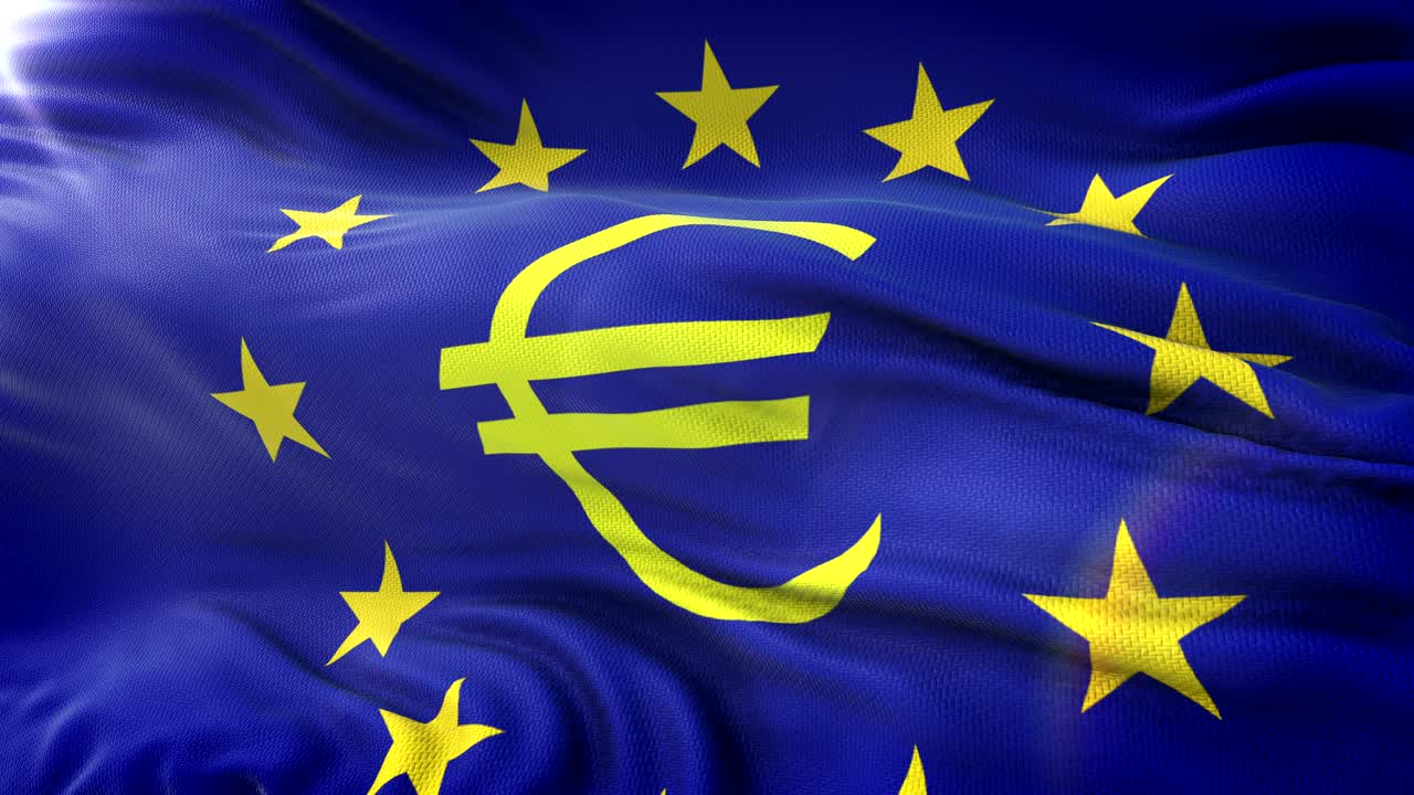 유로 발 표지판은 태양 위에 흔들리고 있습니다. 매우 상세한 직물 질감과 함께 완벽한 루프 4k 해상도로 준비되어 있습니다.