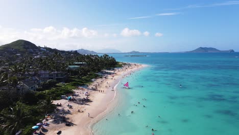 Tropical-blue-Lanikai-Beach-in-Kailua,-Oahu-Hawaii,-4K-aerial-view