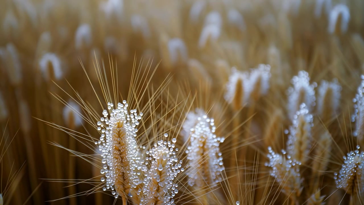 Vista ravvicinata in movimento di spighe di grano o orzo raggruppate, densamente ricoperte di goccioline d'acqua sferiche, setole fini, luce naturale soffusa, sfondo sfocato e una texture stagionale calma e diffusa.