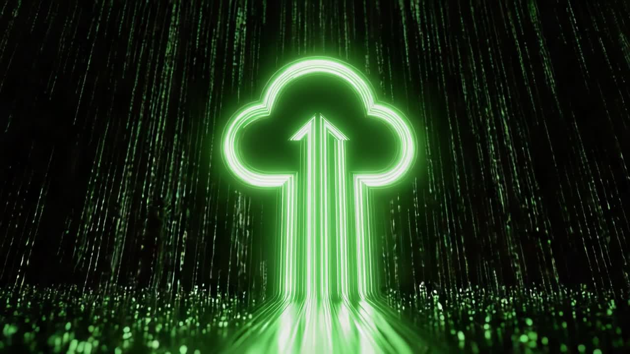 A captivating digital representation of a glowing green cloud with upward arrows, set against a cascading matrix of binary code that symbolizes data transfer and cloud computing technology